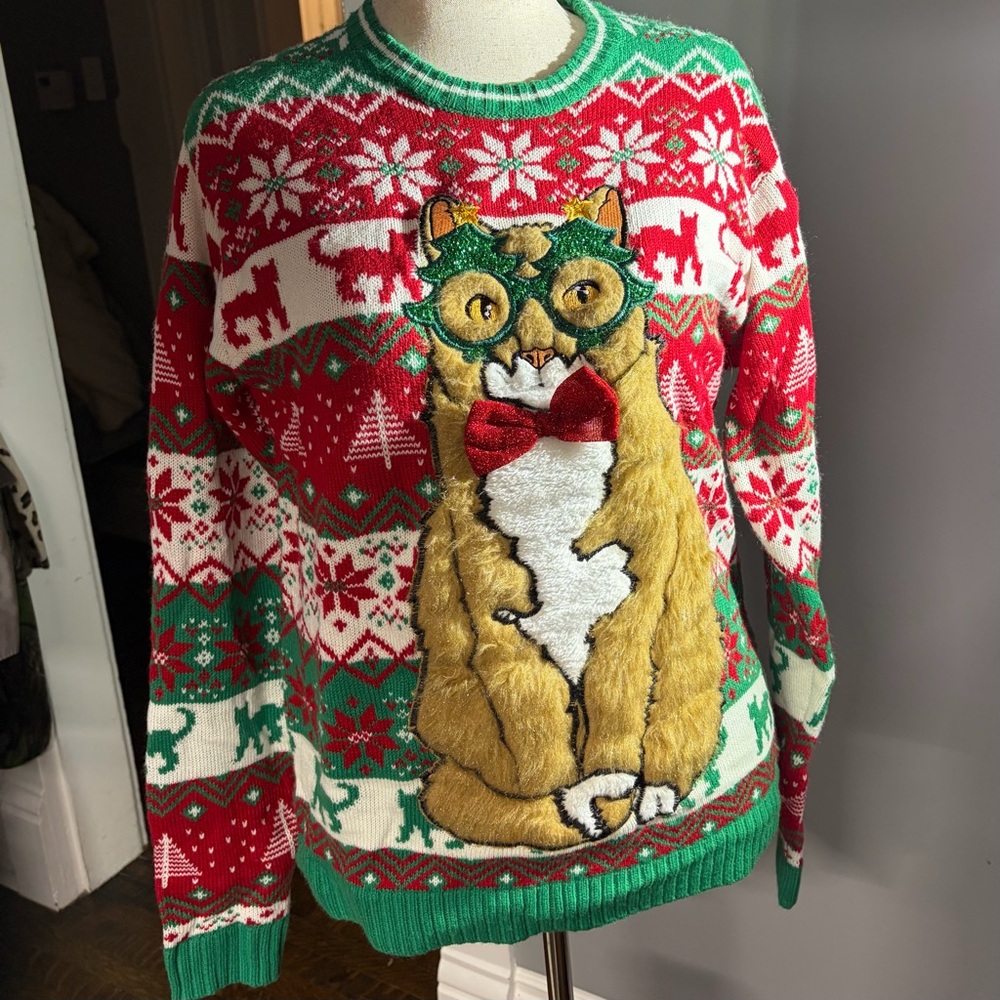 Blizzard Bay Festive Holiday Cat Sweater‎ Size M Ugly Christmas